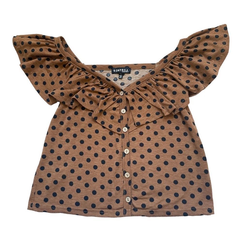 Kontrol Contemporary Polka Dot Button Up Ruffle Crop Top | Large